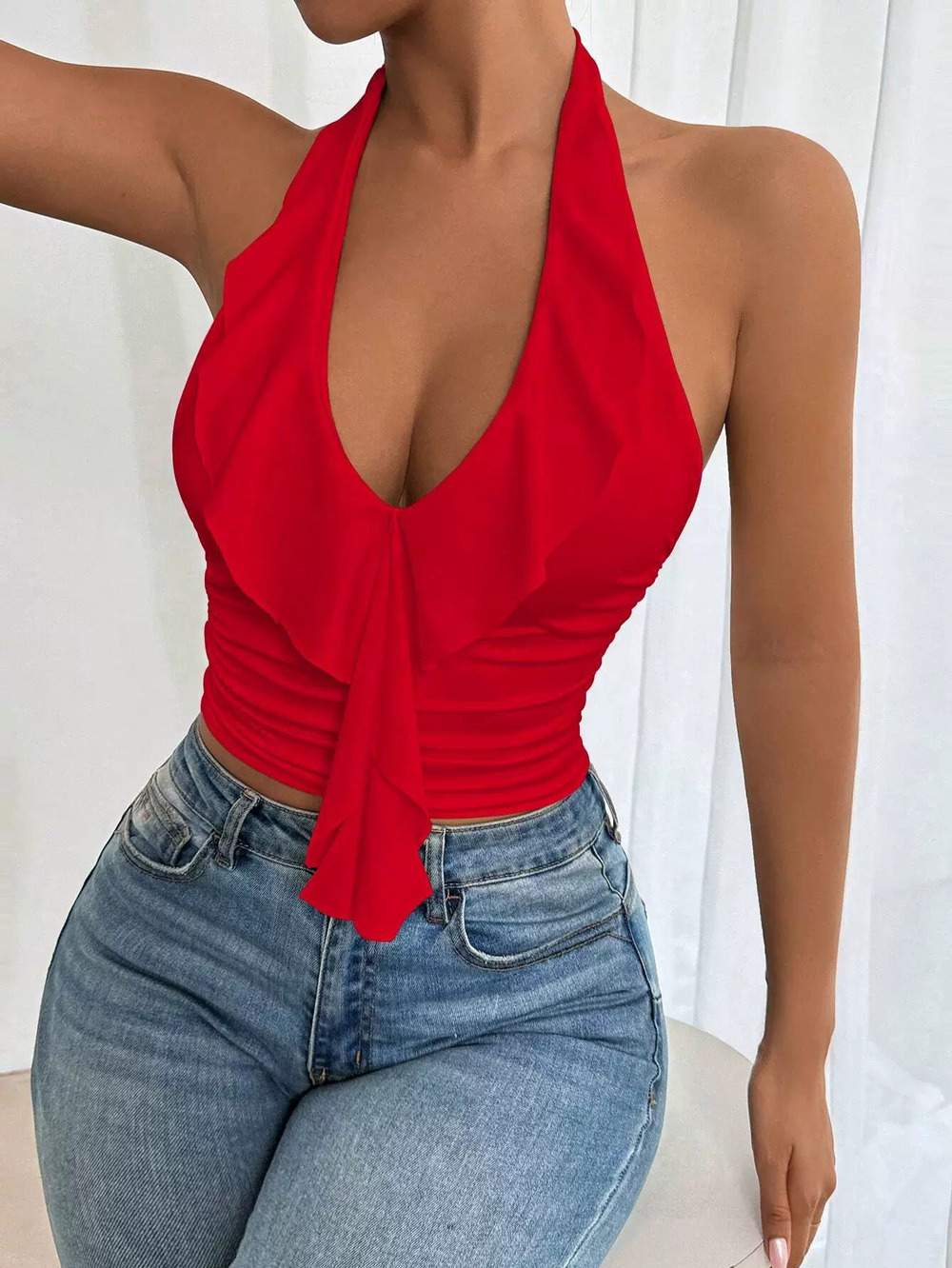 ZARA Red Halter Neck Backless Crop Top Spring Summer